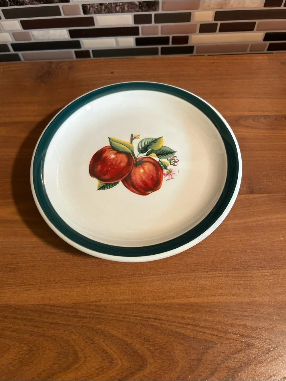 White Ceramic Luncheon Plates with Red Apple Motif and Green Rim - Set of 4
